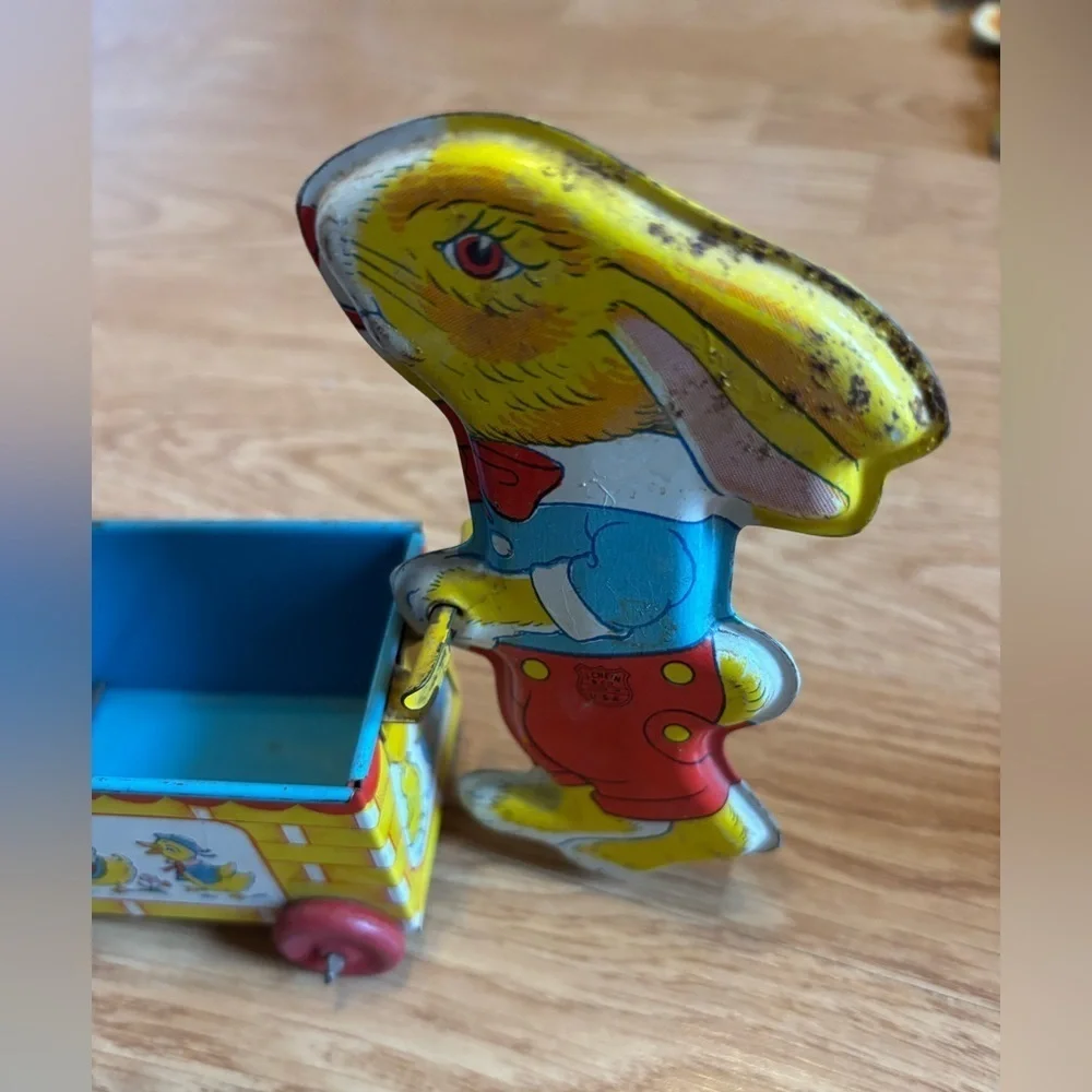 Vintage Tin Easter J Chein Tin Litho Easter Bunny- Wooden Wheels